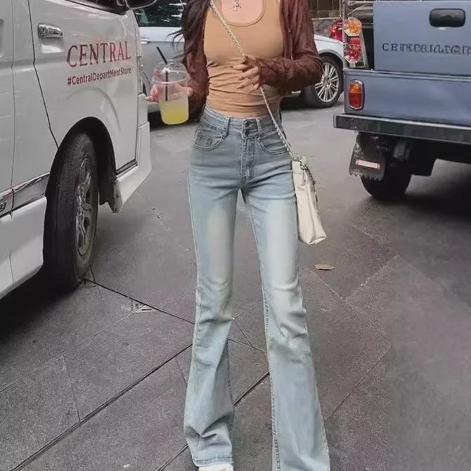 Women's High-Waist Elastic Slim Fit Washed Blue Flared Jeans - Autumn 2024 Collection