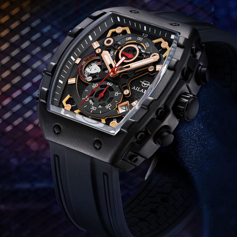AILANG Men Watches Luxury Trend Tonneau Case Quartz Clock Luminous Chronograph Waterproof Rubber Strap Mens Reloj Hombre