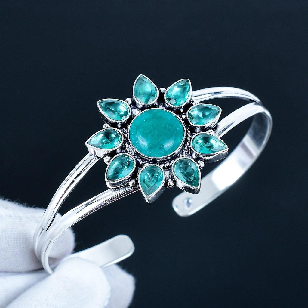 Amazonite Gemstone Handmade Cuff Bangle 925 Sterling Silver Cuff Bangle, indicolite Flower Shape Bracelet For Wife, Unisex Bangle, Wife Gift