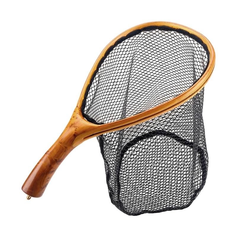 Curved Wood Handle Fishing Landing Net Mesh Design Protects Fishes Compacts Fishing Net For Anglers Stream Fishing