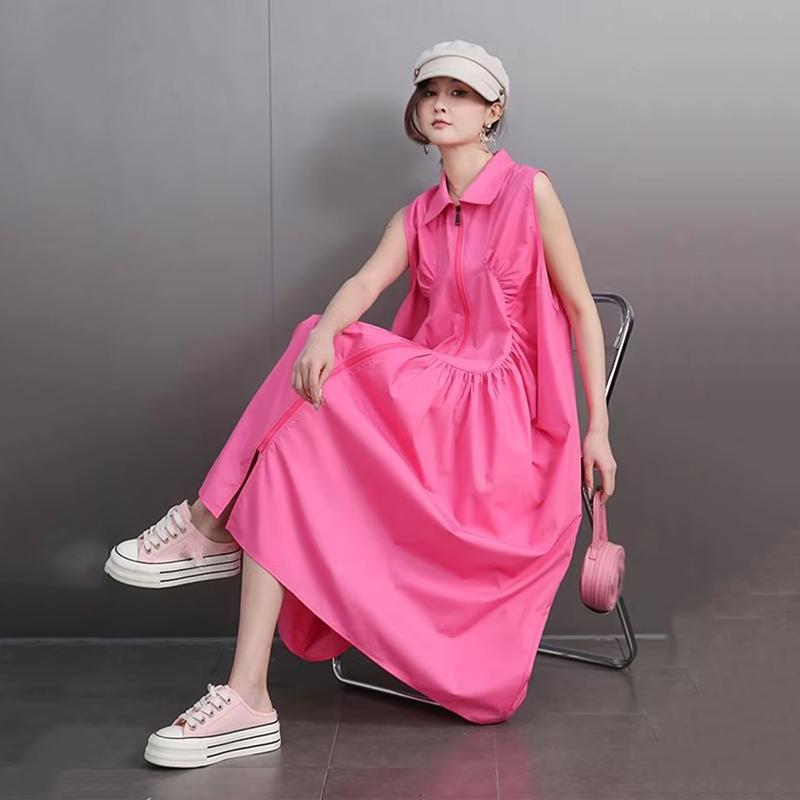 XITAO Fold Zipper Sleeveless Turn-down Collar Dress HQQ2445