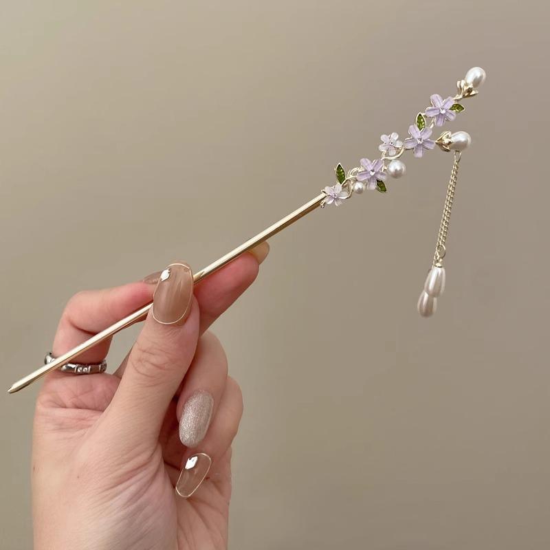 

Изысканная заколка для волос в китайском классическом стиле с искусственным жемчугом и сплавом, для прически пучок, украшение для праздничного наряда фиолетовый