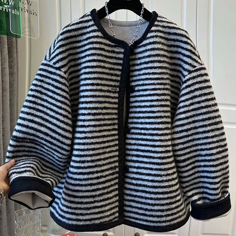 Coat for Women Striped Winter Thickened Casual Oversize Double Layer Windbreaker Jacket
