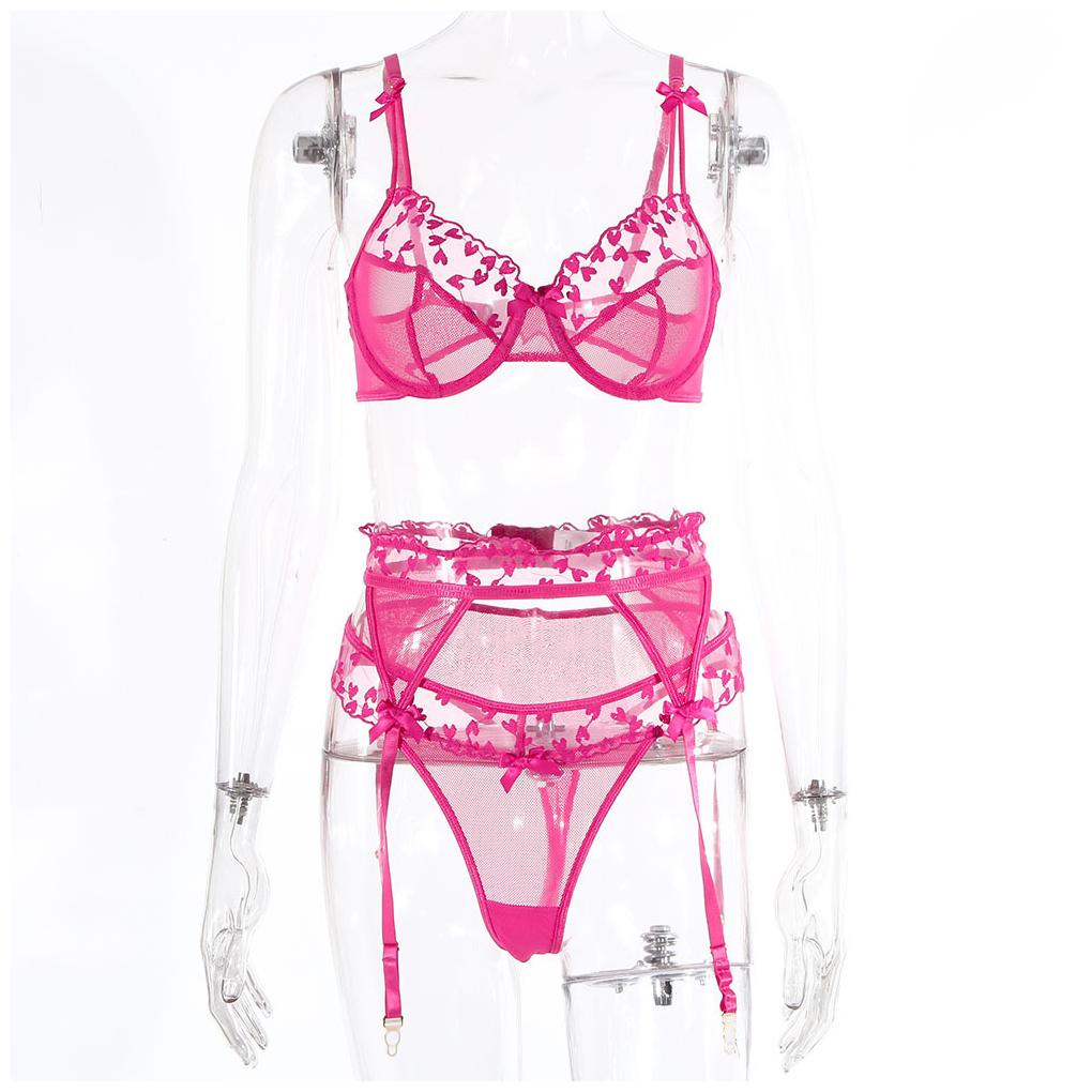 3 Pieces/Set Sexy Embroidery Bra Garter Lingerie Photography Thong Bowknot Underwear Kit Female Sleepwear