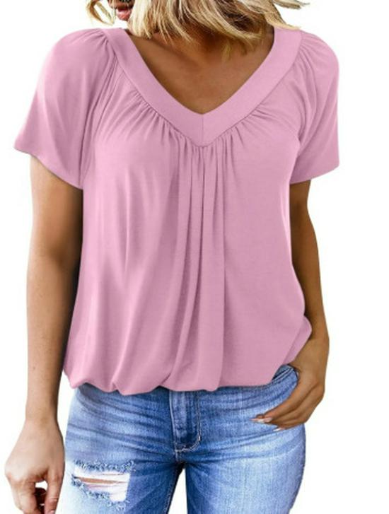 2025 V-Neck Raglan Sleeve Ruffled Casual T-shirt