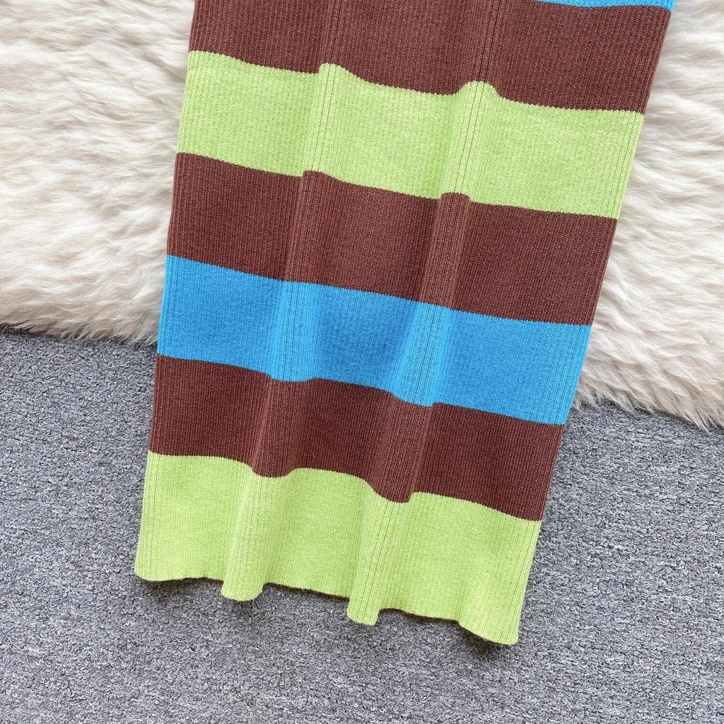 Rochie șic cu dungi pe jumătate guler înalt, tricot elastic, bodycon, cu mânecă lungă, pentru femei, la modă sexy, rochie de primăvară, subțire, rochie creion