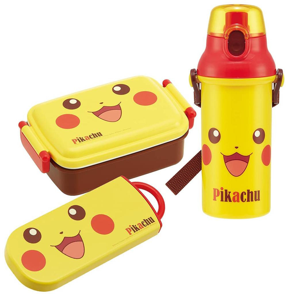 Conjunto Trio de Deslizantes Antibacterianos Skater Design Rosto do Pikachu Pokemon Feito no Japão Infantil (Marmita Hashi, Colher, Garfo) - - (TACC2AG-A)