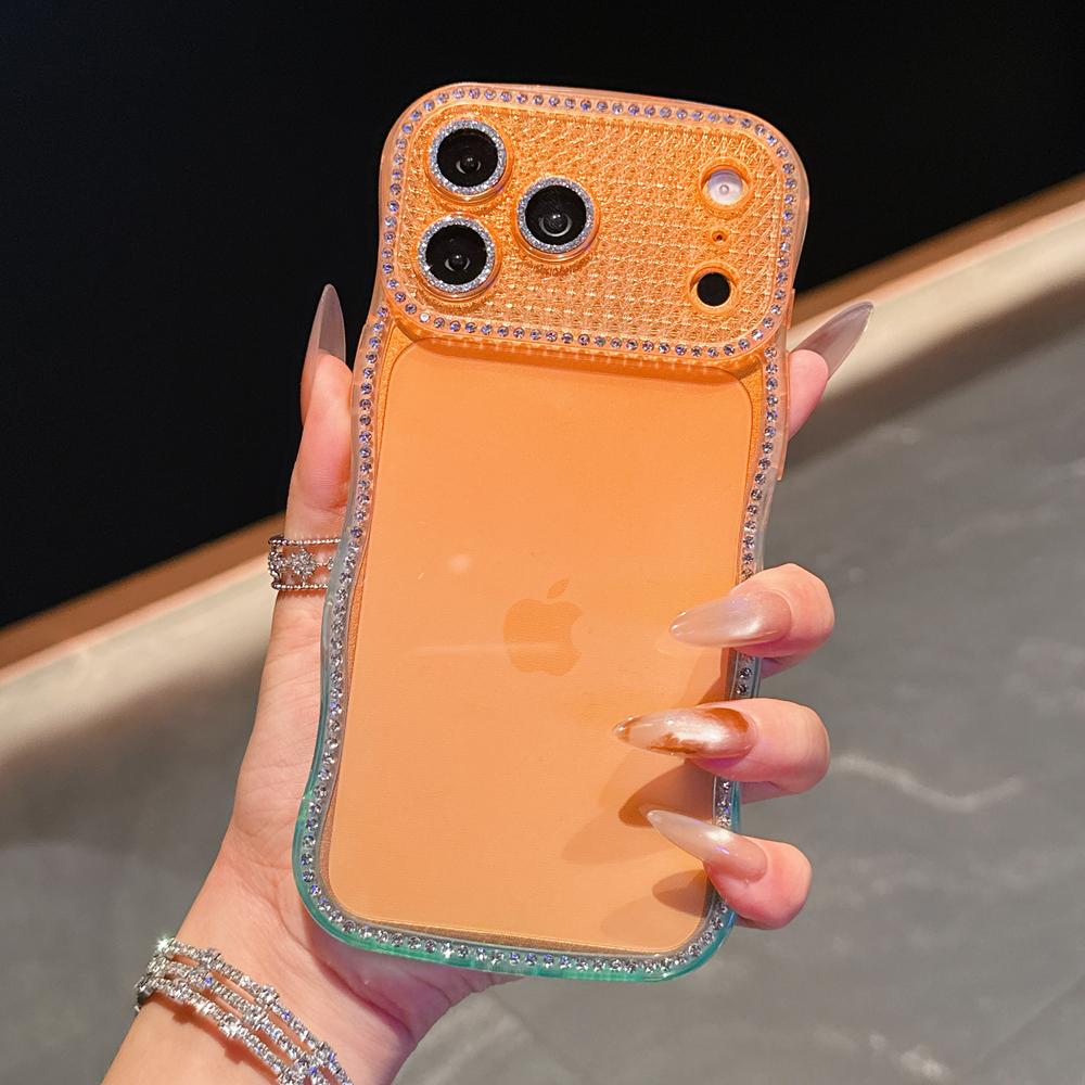 KEYSION Rhinestone Phone Case for iPhone 13 14 15 16 17 Pro Max 17 Air 16 Plus Transparent Wavy Lens Protector Shockproof Back Cover