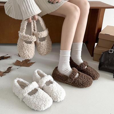 White French Mary Jane Flat-bottomed Fluffy Shoes for Women's New Autumn and Winter Warm-soled Beanie Cotton Shoes