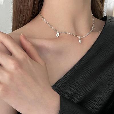 S925 Sterling Silver Necklace INS Fashion Design Small Lock Asymmetric Necklace Women's Sweet and Cool Personalized Word Plate Clavicle Chain