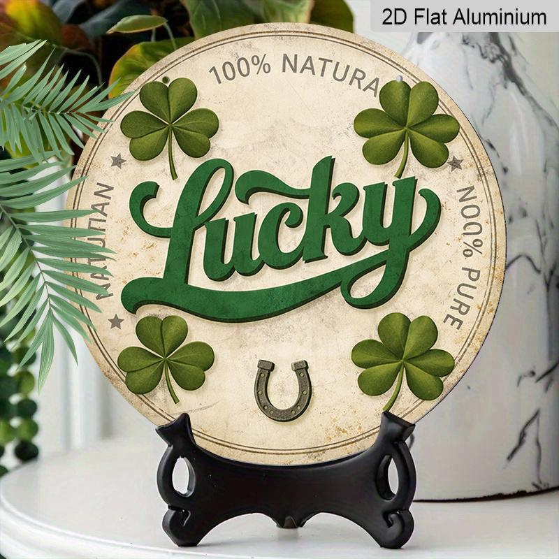 2D Flat - 1pc Round Sign, Vintage Aluminum Plaque with "Lucky Four Leaf Clover Horseshoe", "Lucky Charm Good Luck Blessing" Decorative Sign, Suitable