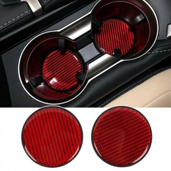2Pcs Carbon Fiber Red Car Cup Holder Pad Water Cup Slot Non-Slip Mat Accessories