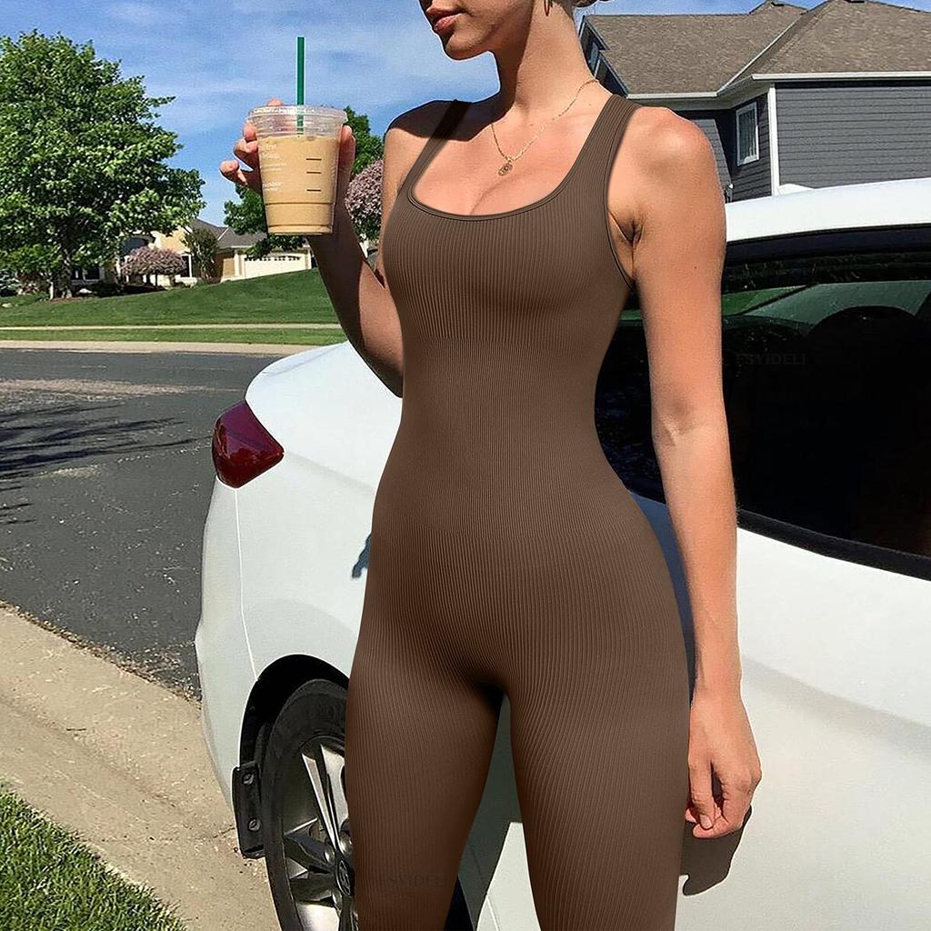 Sexy Jumpsuits Autumn Knitted One Piece Overalls Solid Color Square Neck Sleeveless Lift Up Hip Slim Women Jumpsuit