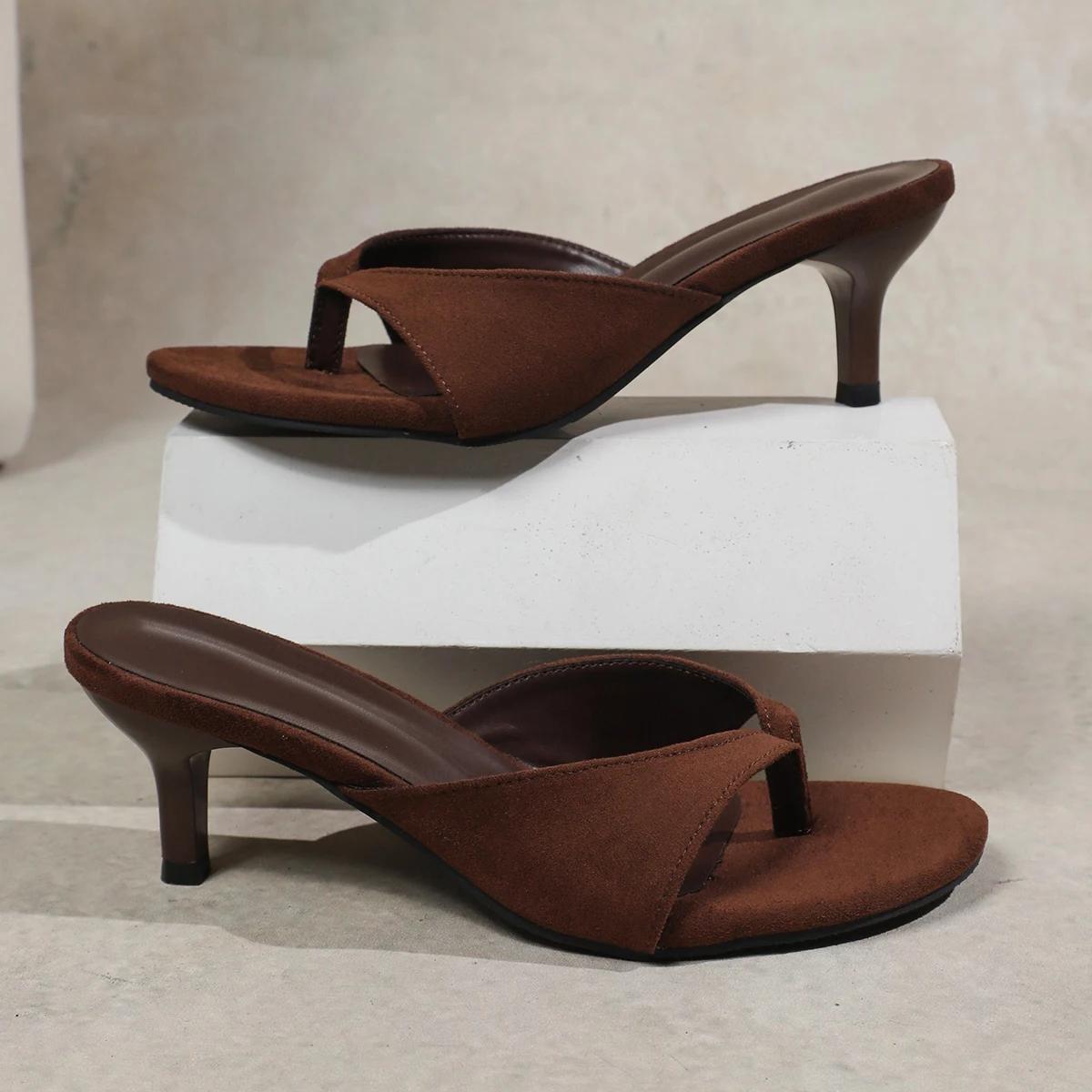 

Women Sexy High Heel Sandals Summer Square Headed Herringbone PU Leather Casual Slippers Shoes 35 коричневый
