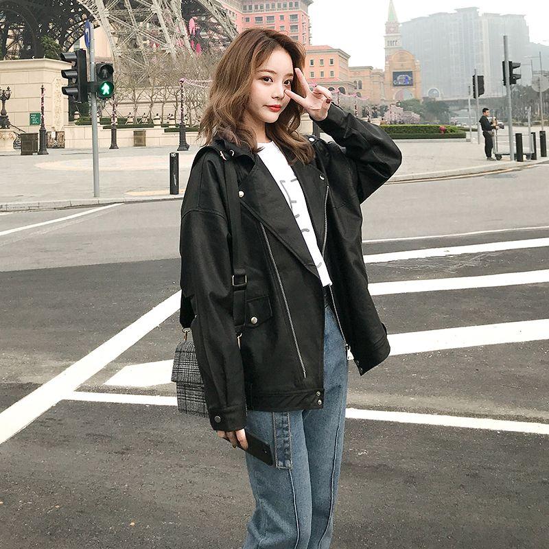 

Женская куртка из искусственной кожи PU свободные мотоциклетные куртки женские повседневные уличные свободные пальто корейский шик новые куртки на молнии XL