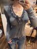 Korean V-Neck Lace Long-Sleeve Slim-Fit Women's Top - 2025 Autumn/Winter Collection