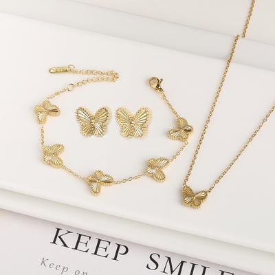 High Quality Metal Stainless Steel Laser Butterfly Zircon Set Bracelet Necklace Earrings Luxury for Women Party Zircon Clover