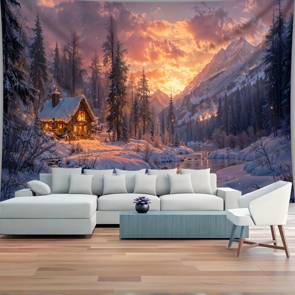 Enchanting Winter Wonderland Wall Tapestry For Living Room Decor, Featuring A Cozy Snow-Covered Cottage Nestled