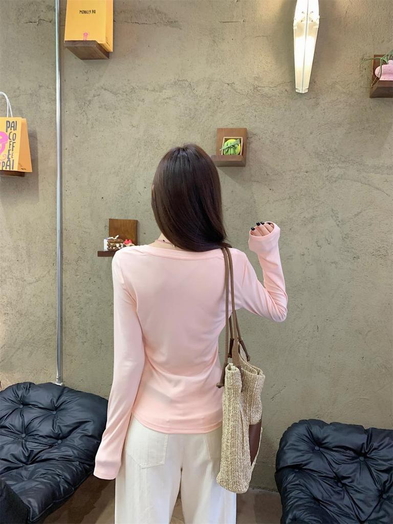 Autumn Korean Grey V-Neck Slim-Fit Cotton Long-Sleeve Women's T-Shirt