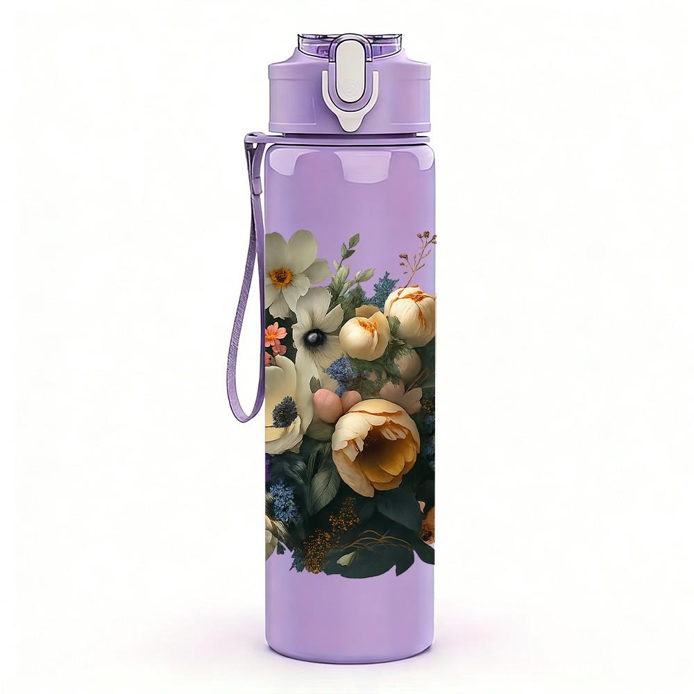 1PC Wild Floral Bouquet Pattern 750ml Color Plastic Sports Water Bottle Leakproof Flip Straw Lid Suitable for Sports Office Home Use