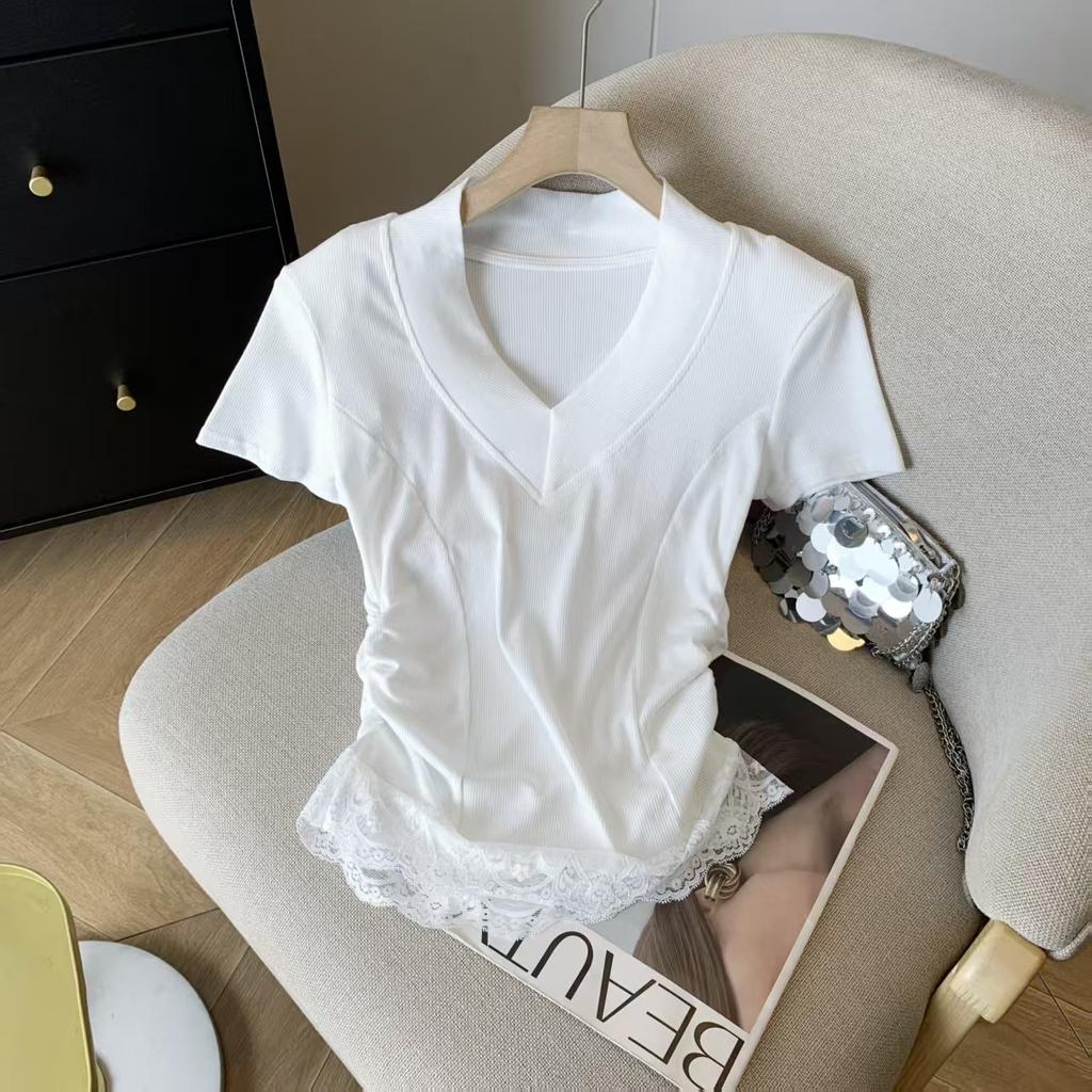 Summer small fragrant wind lace deep v-neck short-sleeved T-shirt for female spice girls to wear, waist and thin top ins