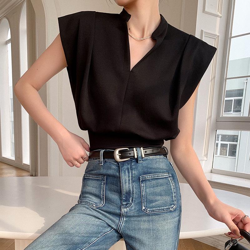 

Summer 2025 Celebrity Black V-Neck Slimming Short Sleeve Women s Top L чёрный