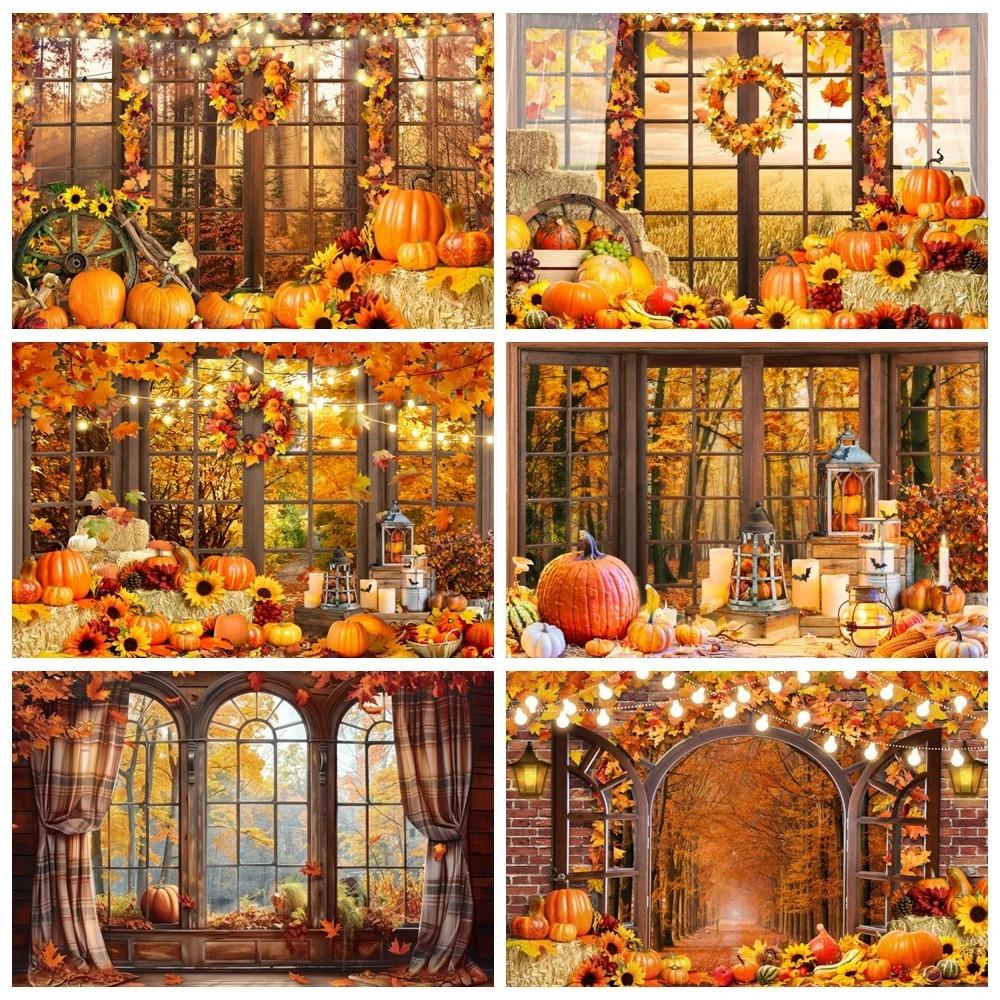 Autumn Forest Window Backdrops Fall Maple Leaves Pumpkin Harvest Thanksgiving Kids Portrait Photo Photography Background Decor