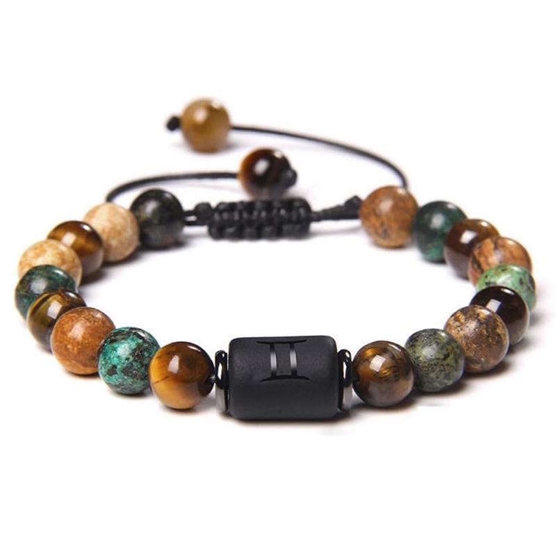 Natural Stone Tiger Eye Picture Jasper Round Beads 12 Constellation Bracelet for Men and Women Zodiac Signs Bracelet Aries