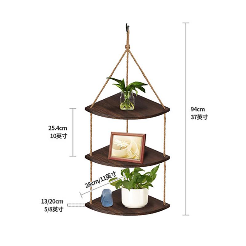 1× Retro Rope Wood Hanging Rack Corner Wall Shelf House Storage Organizer Rack