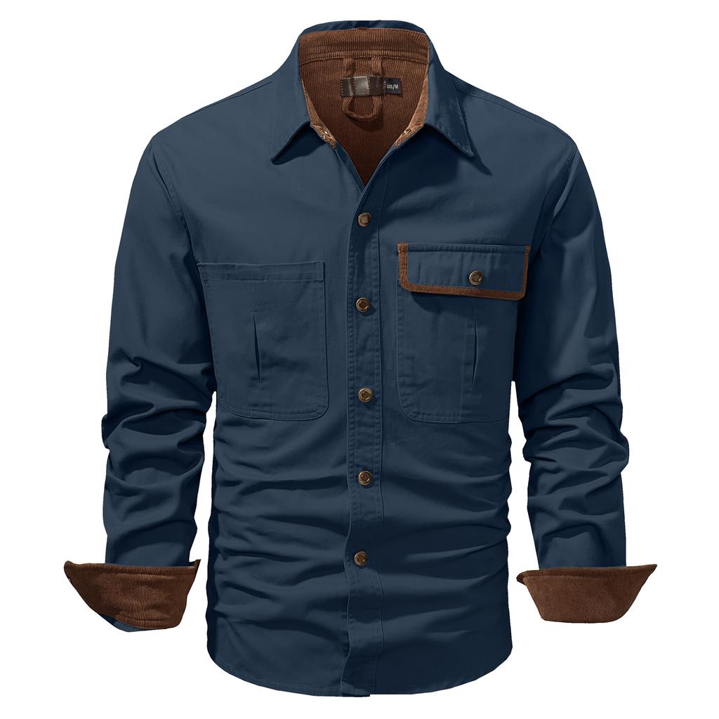 Men's Washed Cotton Casual Shirt Solid Color Lapel Long Sleeve Cargo Shirt for Men