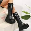 Übergröße 43 Herbst Winter Kniehohe Stiefel Damen Mode Schwarzer Keilabsatz Plateau-Schuhe Frau Goth Punk Dicke Sohle Kampfstiefel