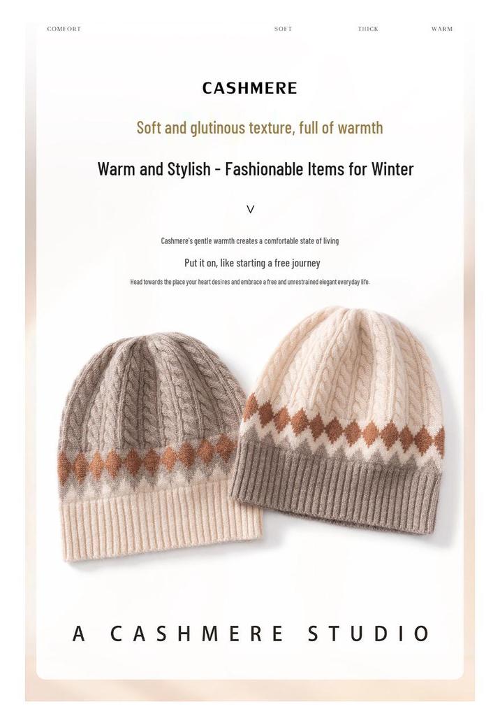 Women's 100% Pure Cashmere Color Block Knitted Hat with Ear Protection - New Fashion, Warm & Cozy
