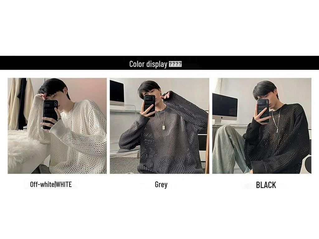 Men's 2023 Autumn Trendy White Hollow-Out Ripped Loose Knit Sweater, Korean Style.