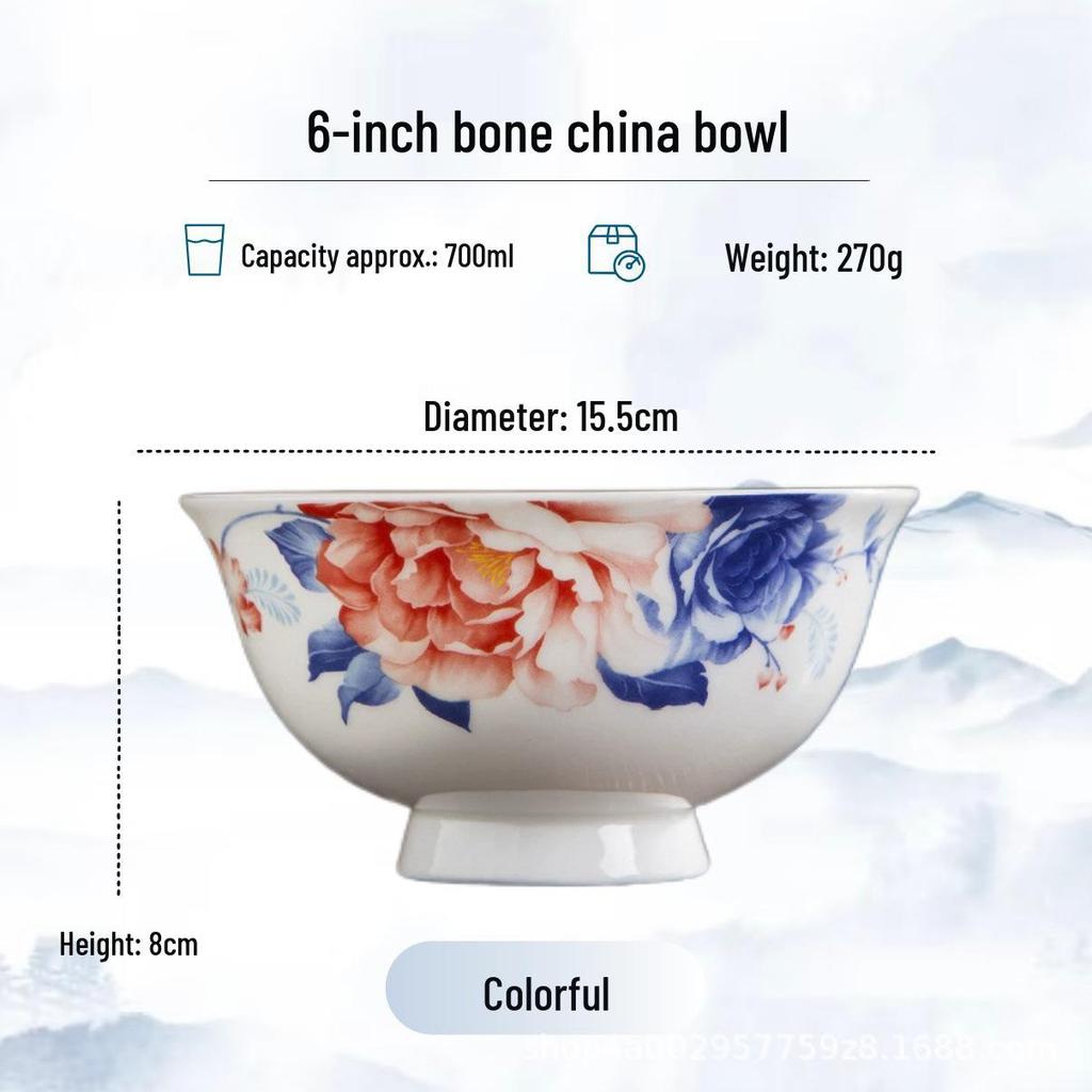 Blue and White High-Foot Bone China Noodle Bowl - Chinese-Style, Anti-Scald, Customizable for Birthdays