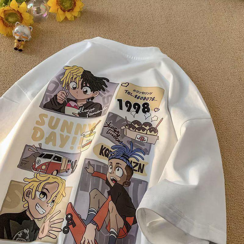 Cartoon Print Oversized Heavyweight Cotton T-Shirt - Summer Loose Fit Short Sleeve
