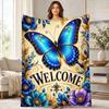 Welcome Butterfly Floral Coral Fleece Blanket Garden Decor