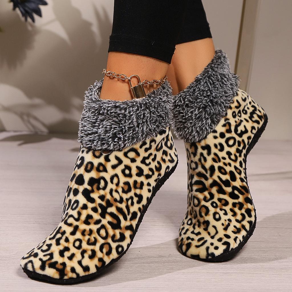 Women's Winter Warm Fleece Leopard Pattern Ankle Socks - Comfortable Indoor and Outdoor, Animal Pattern Home Casual Socks, Soft and Warm Floor Socks