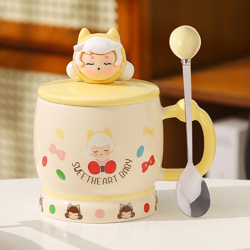 

Кружка высокой ценности с крышкой и ложкой, керамическая чашка, креативная чашка для воды для девочек, офисная, для кофе, для завтрака, сувенир 301-400ml