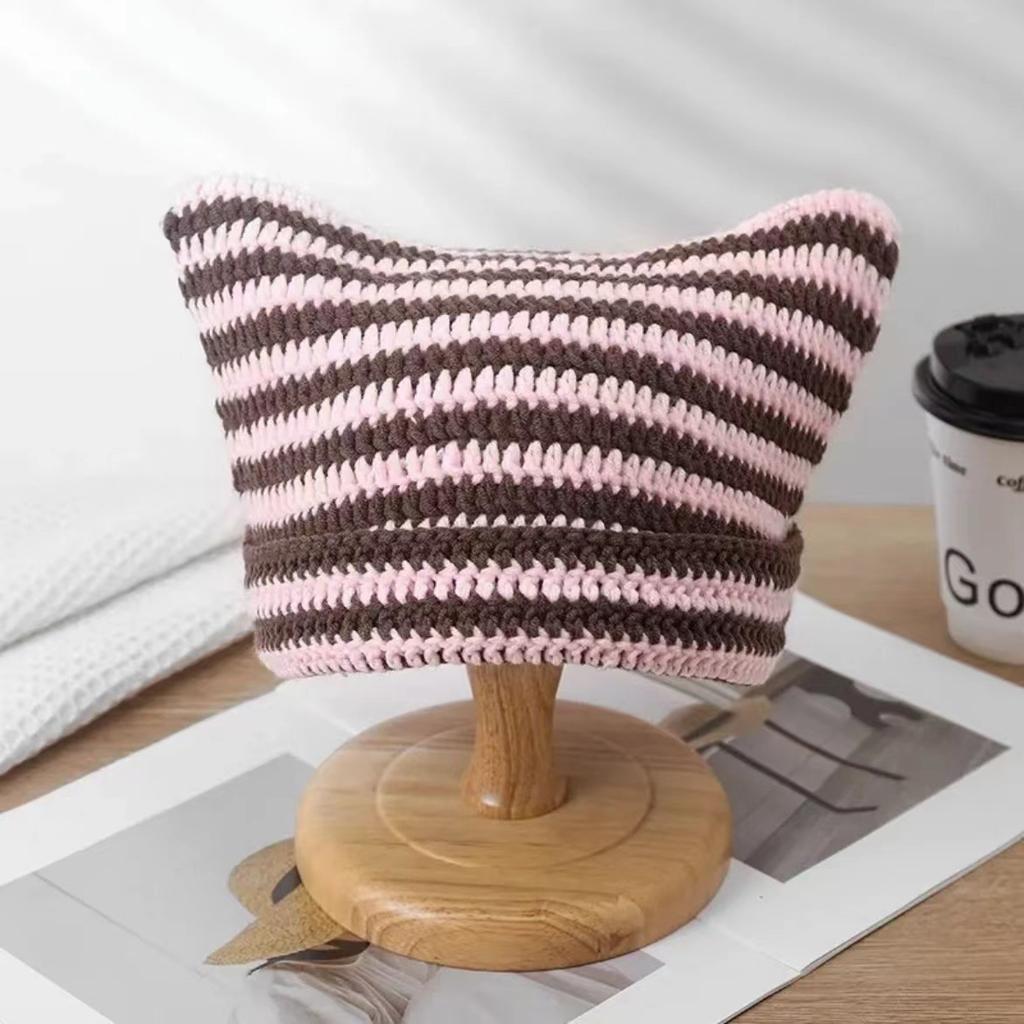 American-style cute cat-ear striped handmade knitted wool hat for women, new autumn and winter playful little devil headwrap hat