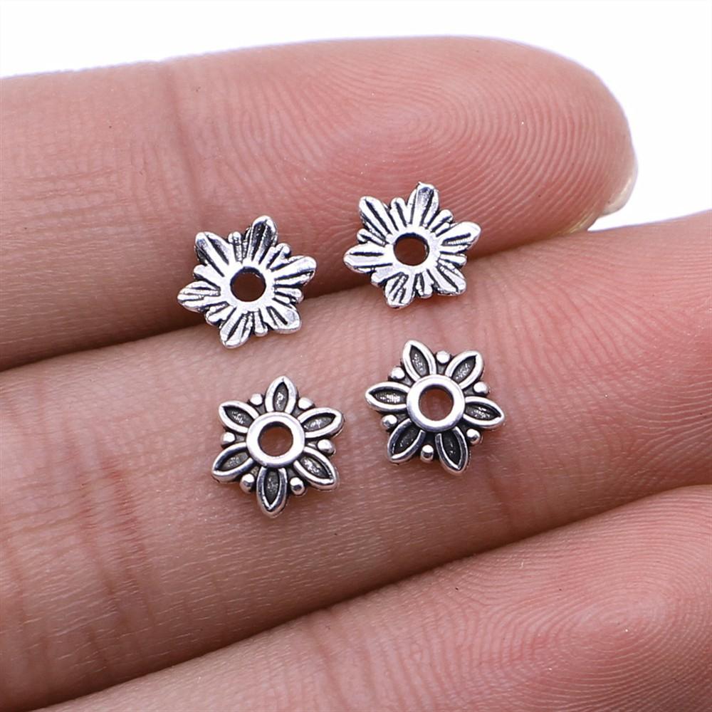 50pcs Tibetan Antique Silver Color Flower Bead End Caps For Jewelry Making Findings Needlework DIY Accessories Wholesale