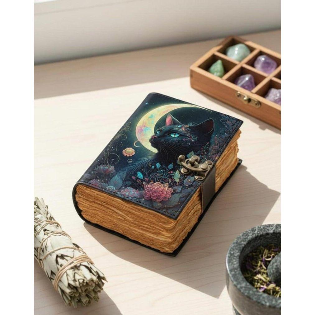 Cat Moon Leather Journal: Vintage Look Grimoire Book of Shadows