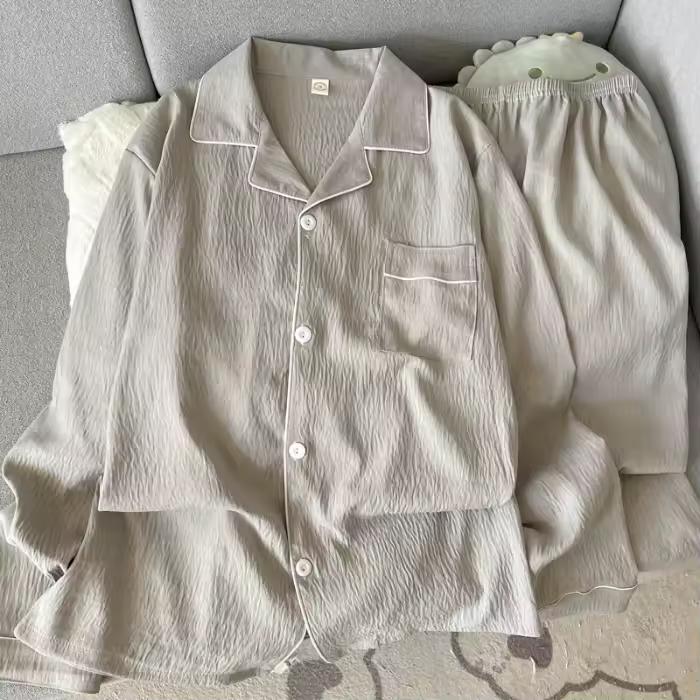 Herbst Frühling Einfarbig Schlicht Herren Pyjama Set Reverskragen Langarm 2-teilig Herren Pyjama Lässig Weich Übergroße Loungewear