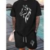 European Size Simple Horse Head Print Men's Short Sleeve T-Shirt and Drawstring  Casual Sportswear , Suitable for Spring/Summer