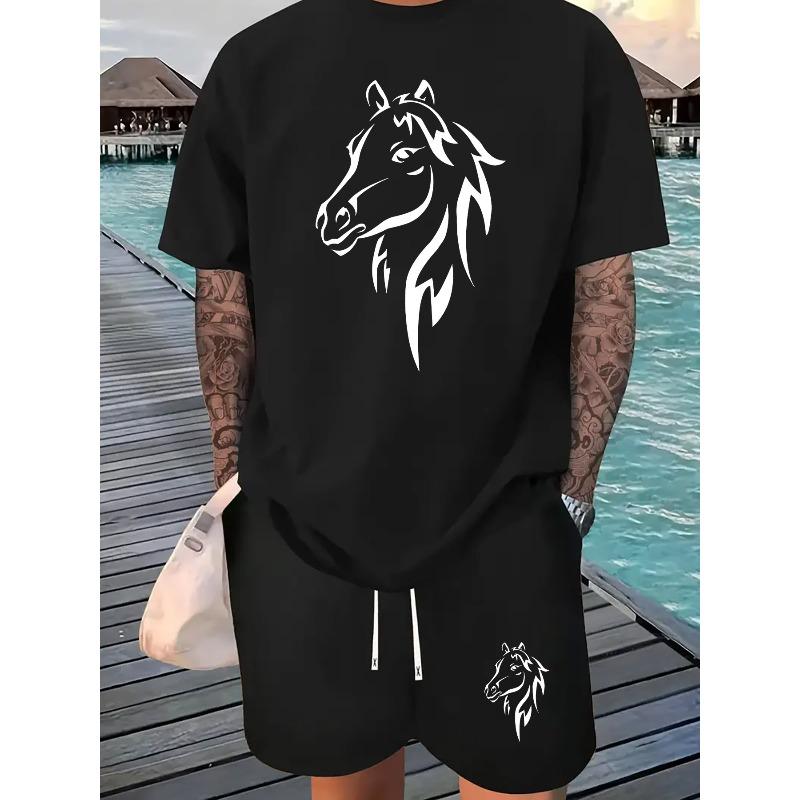 

European Size Simple Horse Head Print Men s Short Sleeve T-Shirt and Drawstring Casual Sportswear , Suitable for Spring/Summer 4XL чорний