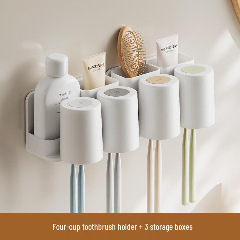 Wall-Mounted Toothbrush & Toothpaste Holder with Mouthwash Cup, Punch-Free