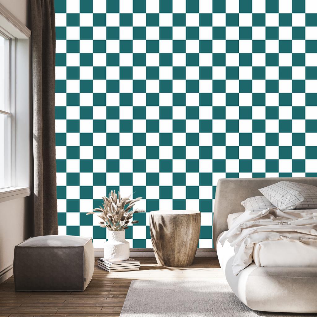 Checkerboard wallpaper turquoise and white, turquoise background 50x1000