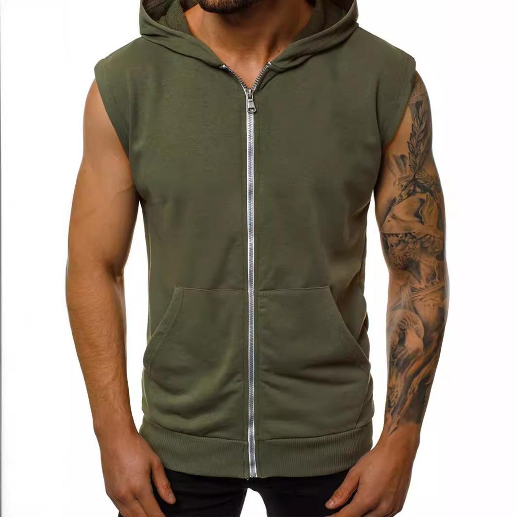 Men's Summer Slim Fashion Fitness Sports Sleeveless Vest Hooded Cardigan Jacket
