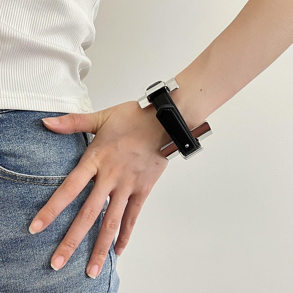 Silver Exaggerated Metal Bangle Armlet Women Open Bangle Belt Buckle Leather Bracelet  Daily