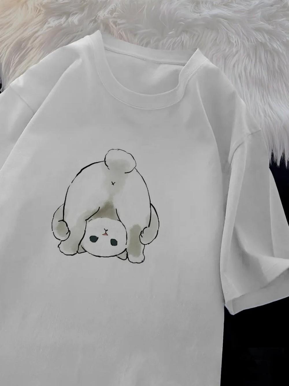 

100 Cotton Women TShirts Funny Cartoons Cat Prints Tops ONeck Soft Oversized Short Sleeve Tees Summer Casual Woman Clothes S