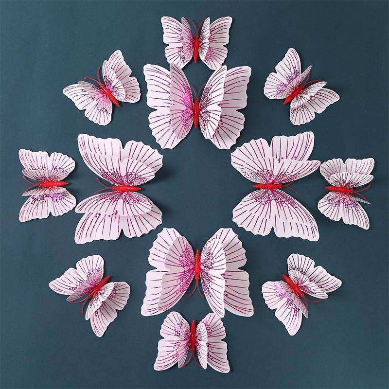 Neue 12 Stück Doppelschicht 3D Schmetterling Wandaufkleber Heimzimmer Dekor Schmetterlinge für Hochzeitsdekoration Magnet Kühlschrankaufkleber